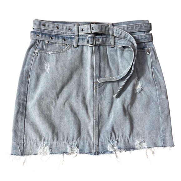 Sexy Y2K Venus Size 4 Light Denim Jean Mini Skirt Belt & Frayed Hem Punk Rock - Picture 1 of 7